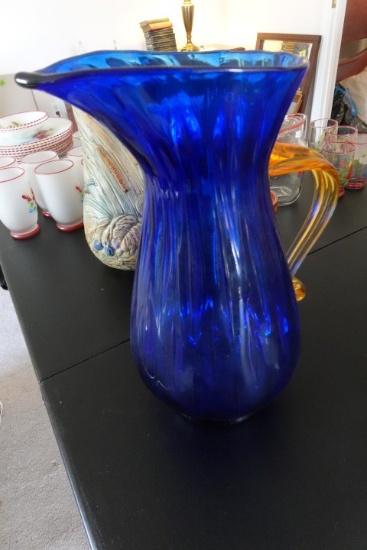 BLENKO HAND CRAFTED BLUE GLASS PITCHER APPROX 12 INCH TALL