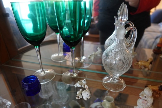 THREE SHELF LOTS INCLUDING WINE GLASSES BUD VASES CRYSTAL HAND PAINTED VASE