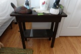 SMALL PRIMITIVE END TABLE WITH CARDINAL LAMP