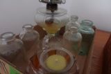 BOX ANTIQUE BOTTLES AND ANTIQUE OIL LAMP