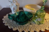 TABLE LOT INCLUDING GREEN GLASS JUICER FENTON BELL AND FIGURINES AND ROSE B