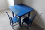 CHILDS ANTIQUE BLUE PAINTED TABLE AND TWO CHAIRS