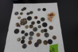 COLLECTION OF OLD COINS AND TOKENS AND CLAY MARBLES FOUND LOCALLY INCLUDING