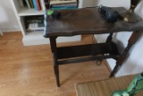 EARLY END TABLE / BOOK RACK 24 INCH X 12 INCH  WITH CONTENTS INCLUDING LAMP