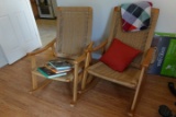 TWO ROPE BACK ROCKING CHAIRS WITH NATURAL FINISH AND FOLDING CHAIR