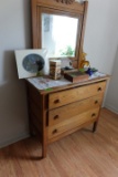 ANTIQUE OAK 3 DRAWER DRESSER WITH BEVELED MIRROR CARVED FRAME 38 INCH LONG