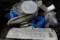 TOTE ON WHEELS WITH PLUMBING PARTS ELECTRICAL BOXES WATER HEATER LINES AND