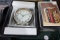 TWO NEW IN BOX BIG BEN ALARM CLOCKS AND SOLID BRASS OWL BOOK ENDS