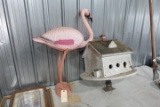 PINK FLAMINGO DECOY AND WOODEN BIRDHOUSE