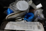 TOTE ON WHEELS WITH PLUMBING PARTS ELECTRICAL BOXES WATER HEATER LINES AND