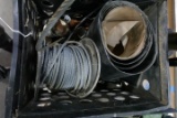 TOTE WITH SPOOL OF GALVINIZED CABLE HOLE SAWS ETC
