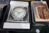 TWO NEW IN BOX BIG BEN ALARM CLOCKS AND SOLID BRASS OWL BOOK ENDS