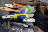 BOX LOT PAINT BRUSHES STAPLERS STAPLES AND SMALL TOOLS