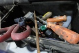 TOOL BAG FULL OF TOOLS INCLUDING HACK SAWS TIN SNIPS SCREW DRIVERS TAPE MEA