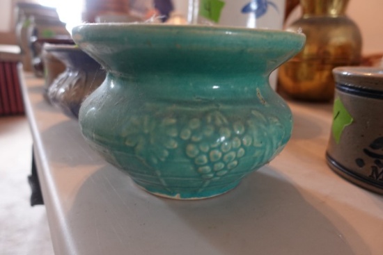 ANTIQUE GREEN GLAZE SPITTOON WITH GRAPE PATTERN