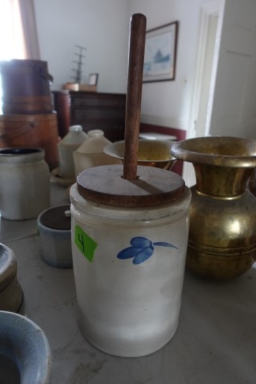 SALT GLAZE BUTTER CHURN WITH BLUE LEAF 10 INCH X 8 INCH