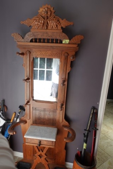 ANTIQUE EASTLAKE STYLE HALL TREE WITH UMBRELLA WELLS MARBLE TOP MIRROR TEAR