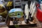BOX LOT INCLUDING CAMPER BIRD HOUSE BATTERY OPERATED CANDLES AND SKELETON C