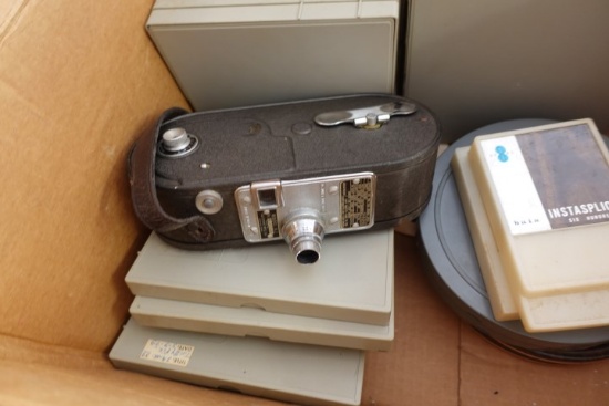 KEYSTONE MOVIE CAMERA MOD A 7 A126142 16 MM AND FILM CANISTERS AND INSTASPL