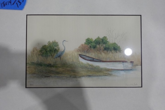 MYRNA MCGRATH PRINT 8 / 275 BLUE HERON MARSH SCENE FRAMED UNDER GLASS 18 X