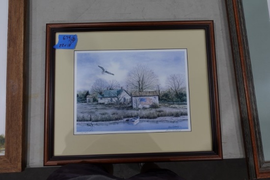 GROVER CANTWELL PRINT 2001 206/300 WATERFRONT SCENE FRAMED UNDER GLASS 22 X