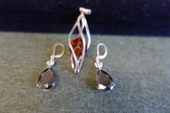 STERLING EARRINGS WITH SMOKEY TOPAZ STONES AND DIAMOND CHIPS STERLING PENDA