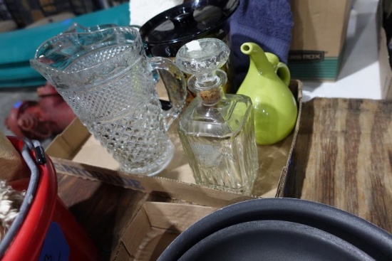 BOX LOT WITH DECANTERS PITCHERS AND ICE BUCKET