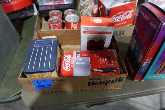 BOX COLLECTIBLES INCLUDING MINI COKE MACHINE SALT AND PEPPERS AND DELIVERY