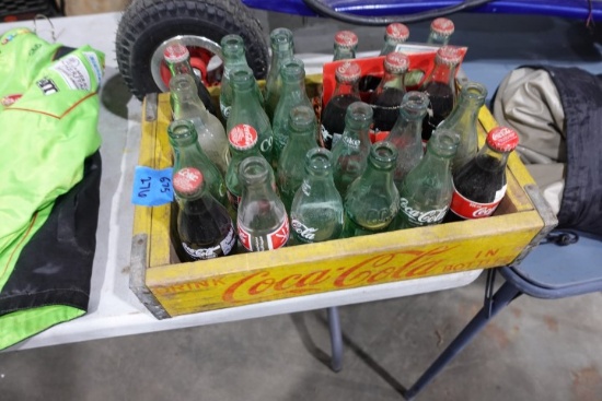YELLOW WOODEN COCA COLA CRATE FULL OF COLLECTIBLE COCA COLA BOTTLES