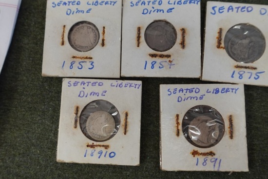 5 SEATED LIBERTY DIMES 1853 1854 1875 AND 2 1891