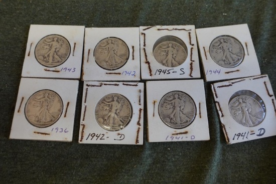8 WALKING LIBERTY 1/2 DOLLARS 1936 2 1941 D 1942 D 1942 1943 1944 1945 S
