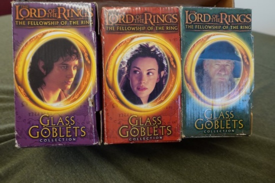 3 LORD OF THE RINGS GLASS GOBLETS FRODO ARWEN GANDALF IN ORIGINAL BOXES