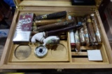 TOBACCO HUMIDOR 14 X 10 X 7 WITH CIGARS AND ANTIQUE PORCELAIN PIPE