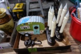 BOX LOT INCLUDING CAMPER BIRD HOUSE BATTERY OPERATED CANDLES AND SKELETON C
