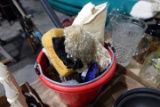 PLASTIC BUCKET WITH SPONGES SCRUB BRUSHES ETC