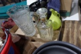 BOX LOT WITH DECANTERS PITCHERS AND ICE BUCKET