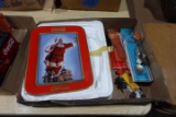 BOX WITH COCA COLA COLLECTIBLES INCLUDING TRAYS SPOONS AND SMALL DECORATIVE