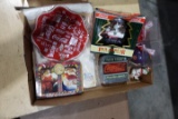 BOX WITH COCA COLA COLLECTIBLES COASTERS PLAYING CARDS DECORATIONS AND MORE