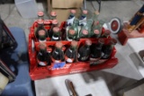 RED PLASTIC COCA COLA CRATE WITH ALUM COCA COLA 6 PACK CARRIER AND BOTTLES