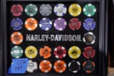 2 SETS HARLEY DAVIDSON FRAMED UNDERGLASS POKER CHIPS