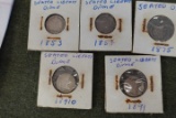 5 SEATED LIBERTY DIMES 1853 1854 1875 AND 2 1891