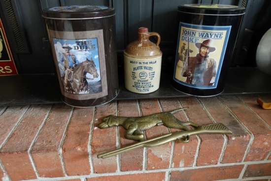 DECORATIVES ON WOOD STOVE INCLUDING JOHN WAYNE CANISTERS MCCORMICK CROCK BR