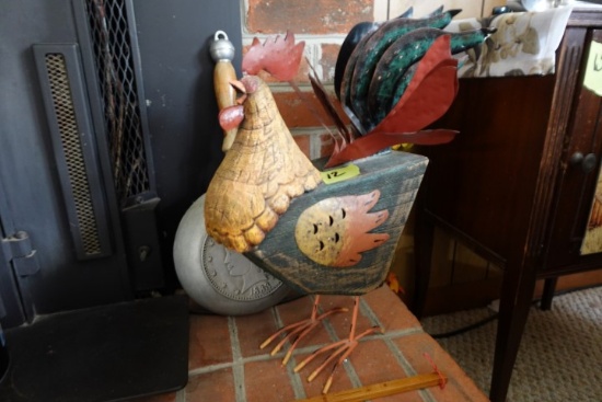 DECORATIVES ON FIREPLACE INCLUDING WOODEN ROOSTER TIN SIGN PEOPLES MEAT AND