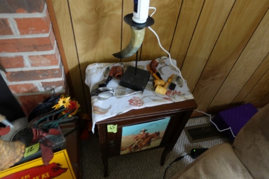 SMOKING STAND WITH JOHN WAYNE PHOTO AND PIPES AND SMOKING ACCESSORIES