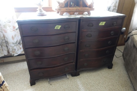 TWO MAHOGANY SERPENTINE FRONT 5 DRAWER CHESTS WITH CONTENTS LIGHT BULBS ETC