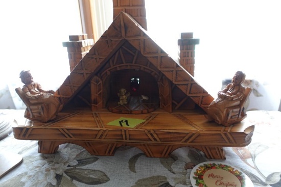 HAND CARVED WOODEN LAMP WITH MISC DECORATIVES