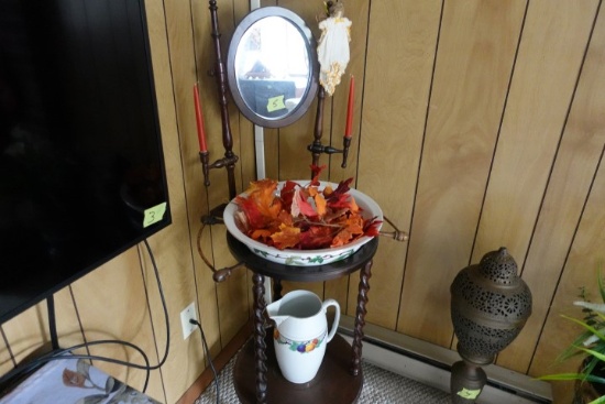 WASH STAND WITH WASH BOWL PITCHER MIRROR AND CANDLE HOLDERS