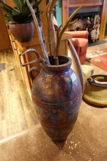 LARGE JARDINIERE WITH DECORATIVE ANTLERS APPROX 30 INCH TALL