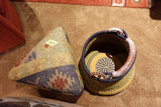 TRIANGLE SHAPE UPHOLSTERED OTTOMAN 18 INCH WITH HANDMADE BASKET