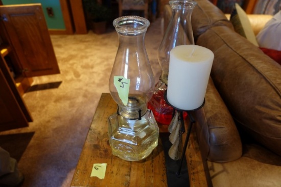 PAIR OF OIL LAMPS AND CANDLE HOLDER WITH BRASS BELLS